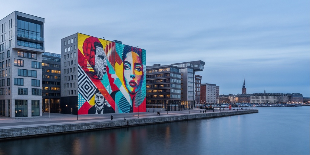 Stockholm waterfront with a bold colorful urban art mural